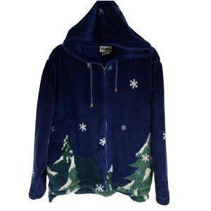Winona Brand Snow Covered Tree Print Blue Polar Fleece Hoodie Size Large